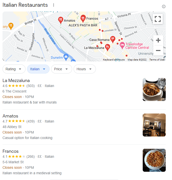 Italian-restaurant-search-in-carlisle Searching for an Italian restaurant in Carlisle shows a selection of interesting thumbnails.
