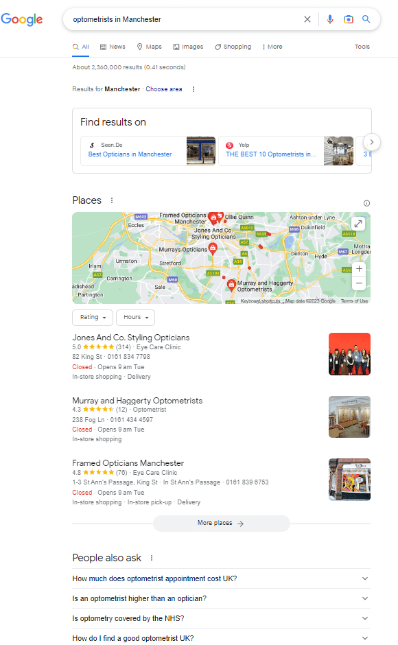 Optometrists-Manchester-independents-dominate In Manchester, independent practices dominate the search results